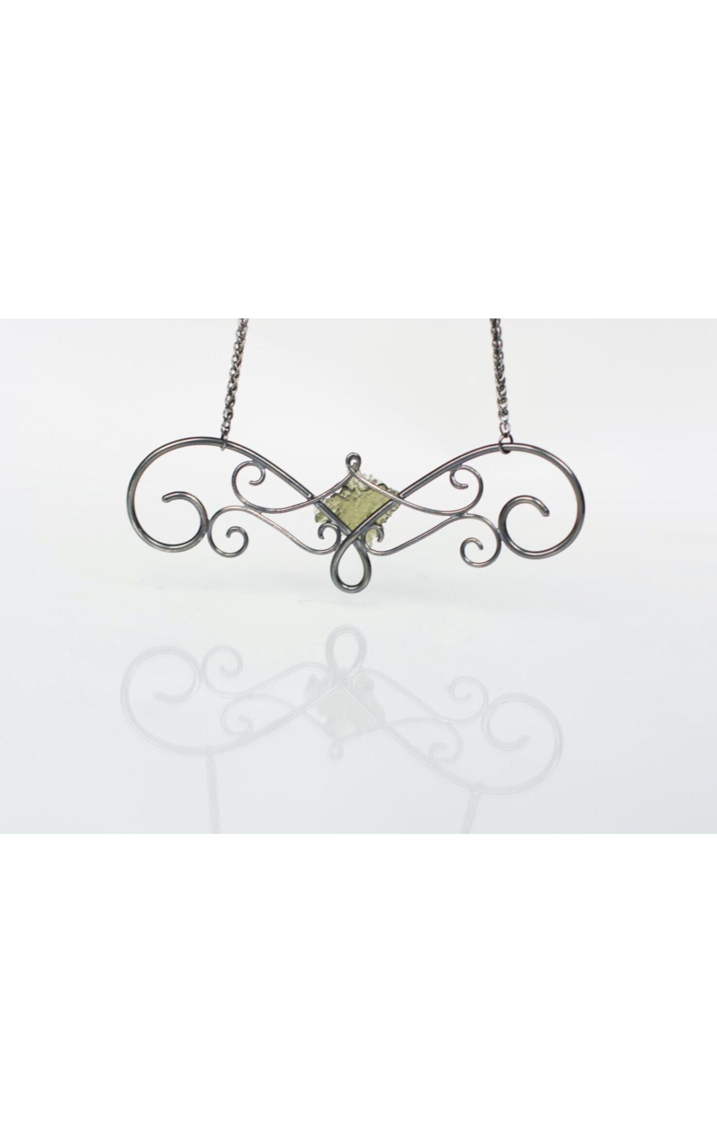 Moldavite in Oxidized Swirly Black Silver Necklace