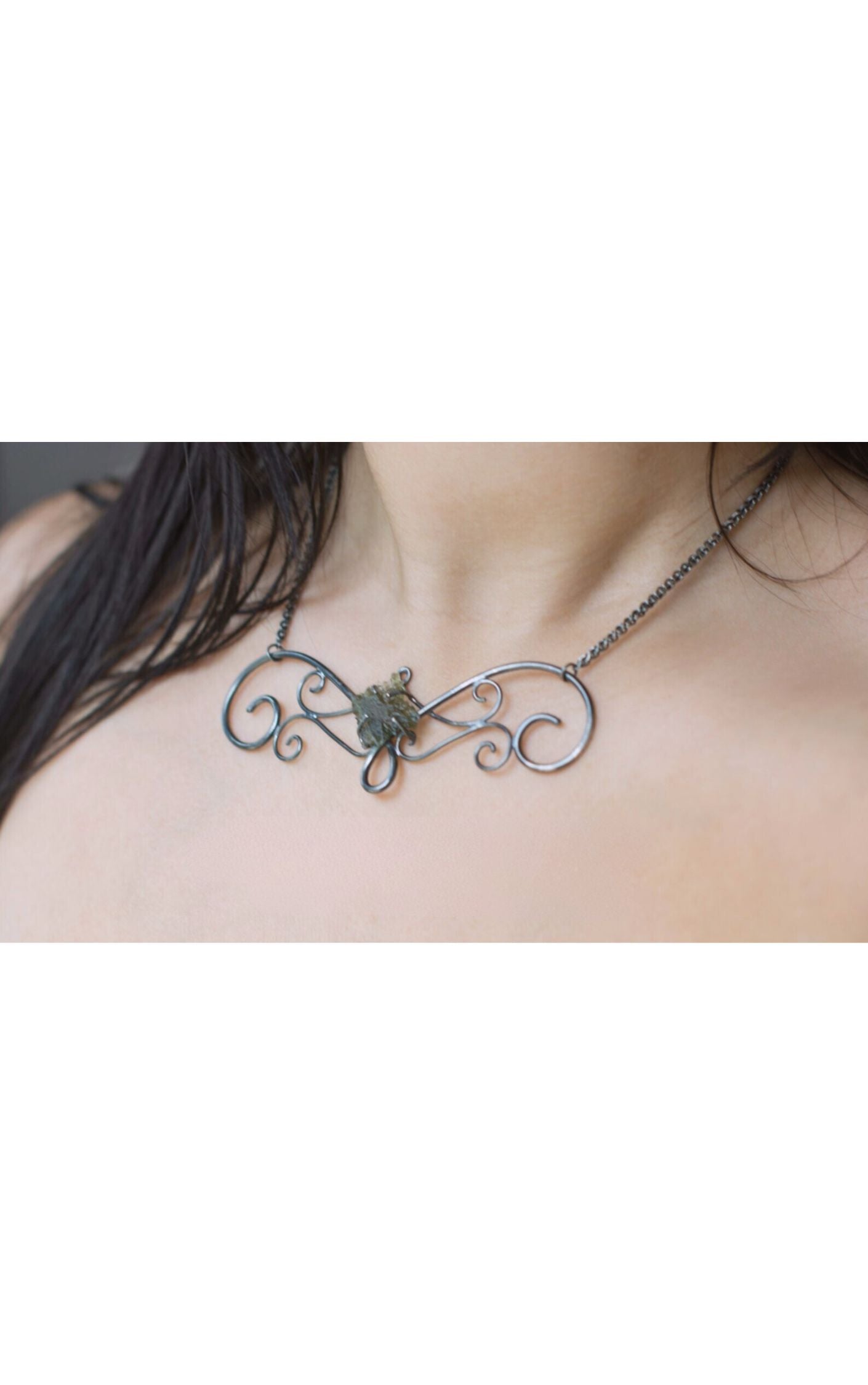 Moldavite in Oxidized Swirly Black Silver Necklace