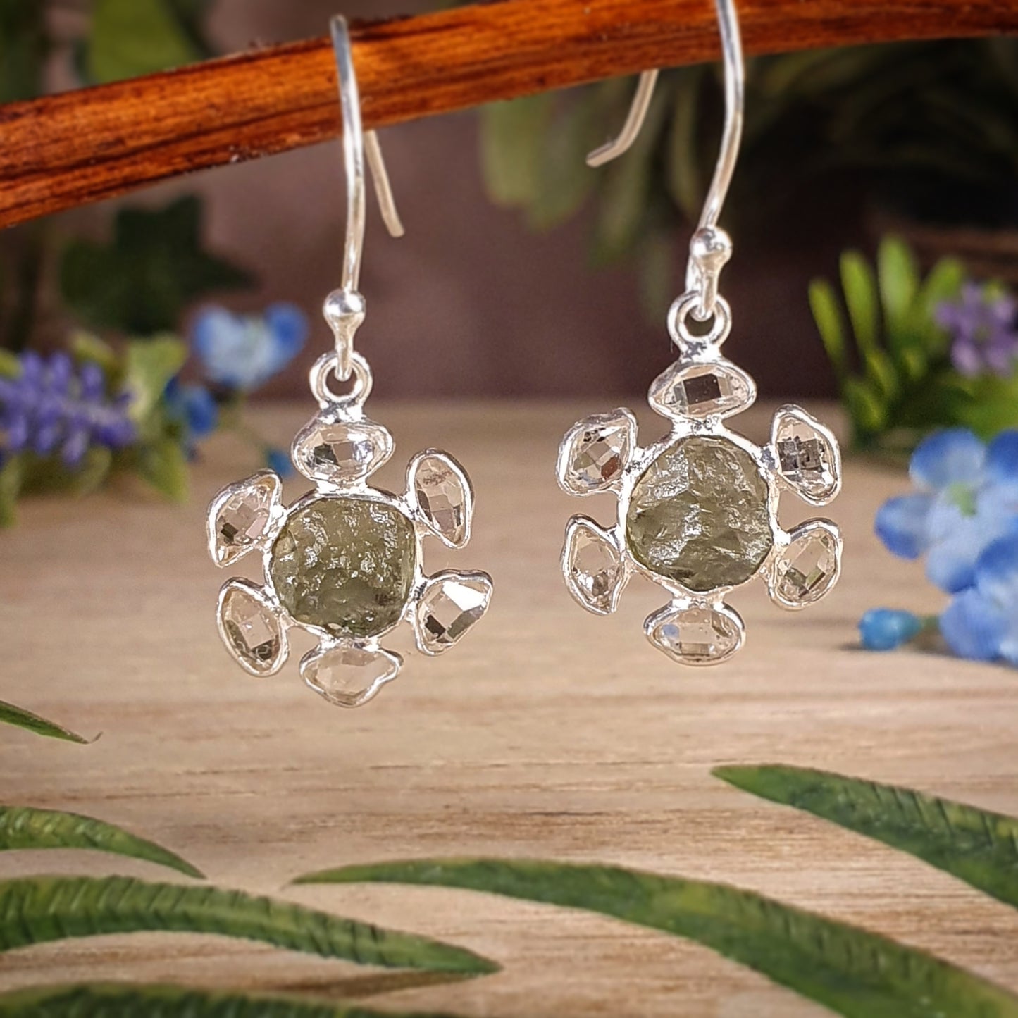 Moldavite, Herkimer Earrings (mx534)