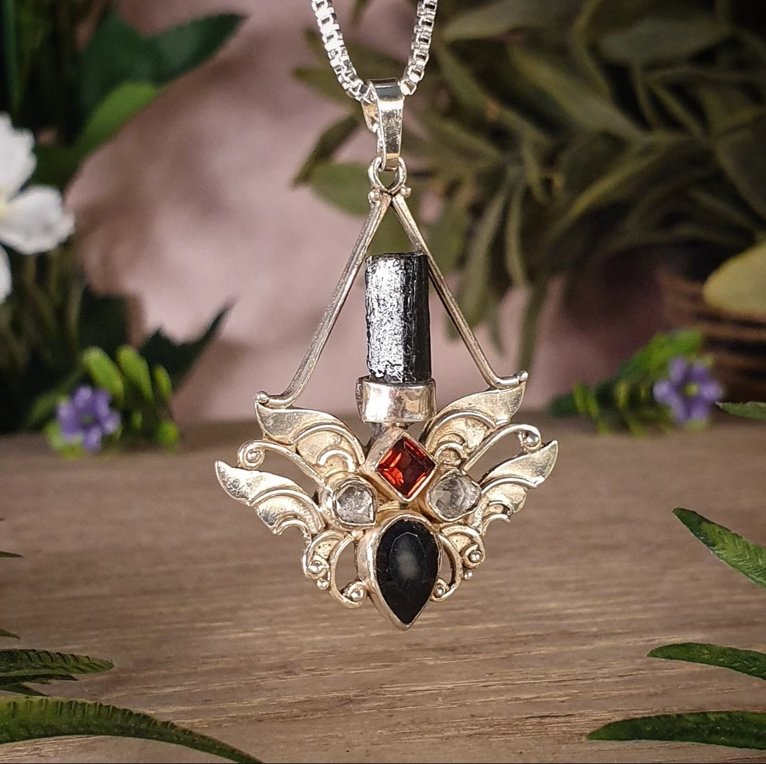Herkimer, Tourmaline, Garnet, Obsidian Pendant (mx850)