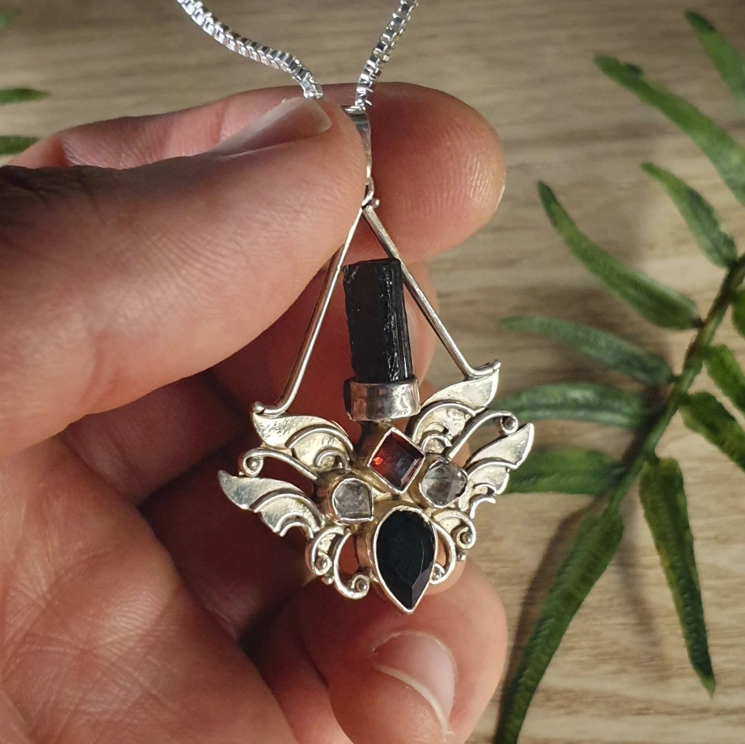 Herkimer, Tourmaline, Garnet, Obsidian Pendant (mx850)