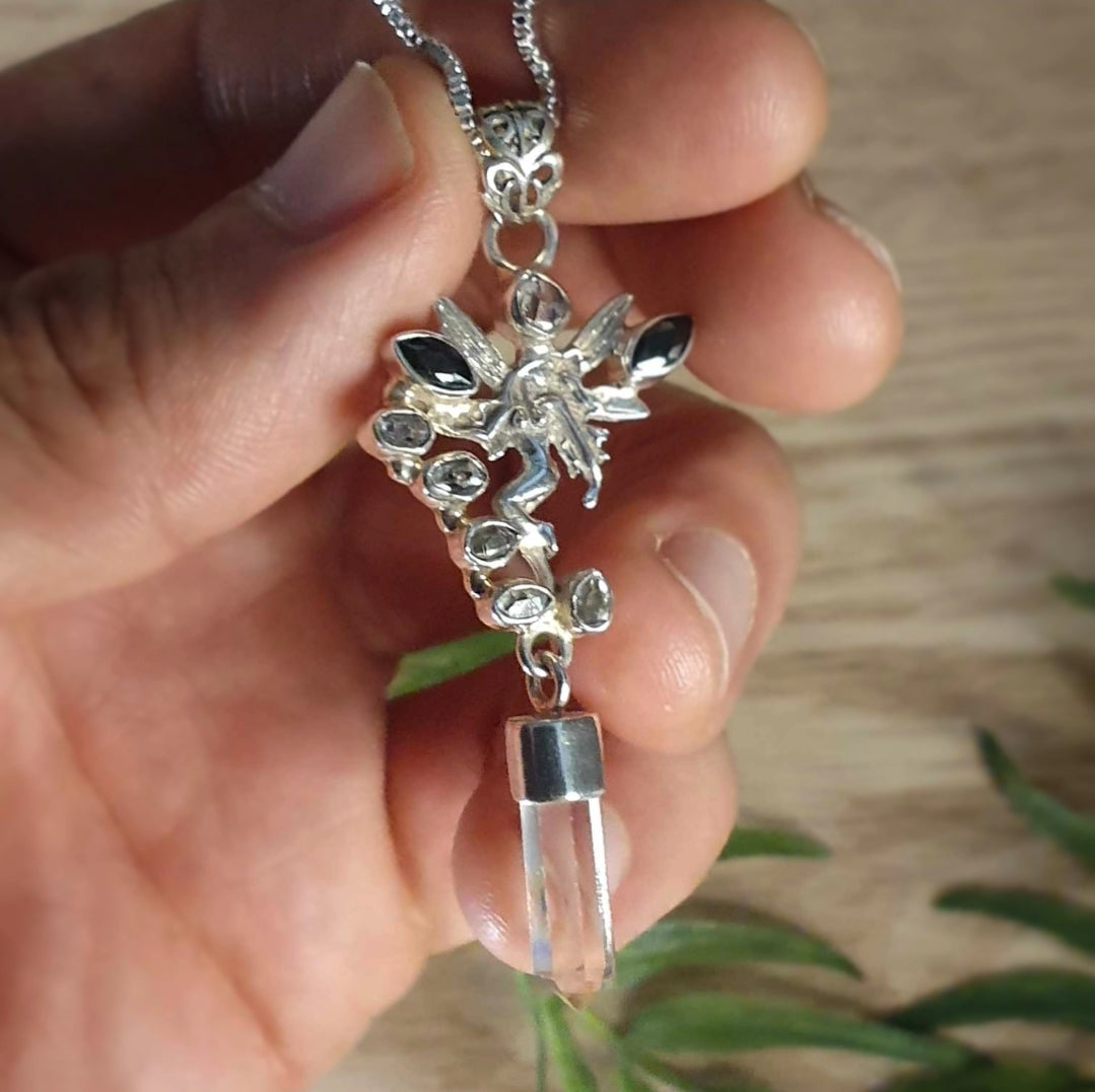 Herkimer, Obsidian, Quartz Pendant (mx873)