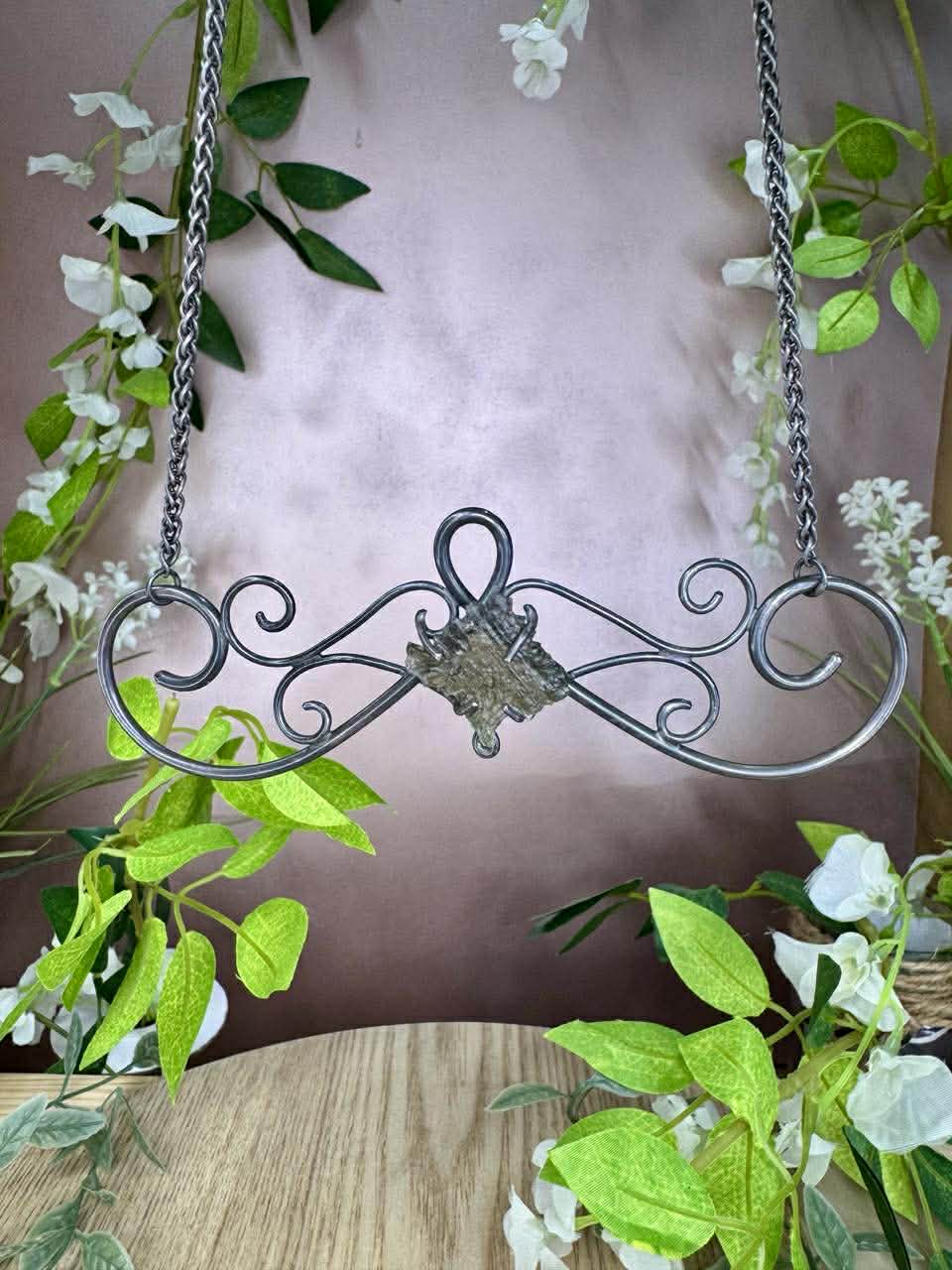 Moldavite in Oxidized Swirly Black Silver Necklace