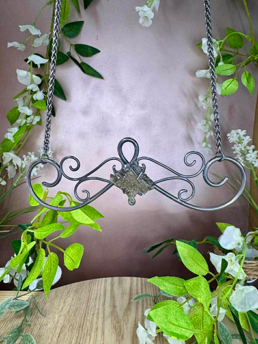 Moldavite in Oxidized Swirly Black Silver Necklace