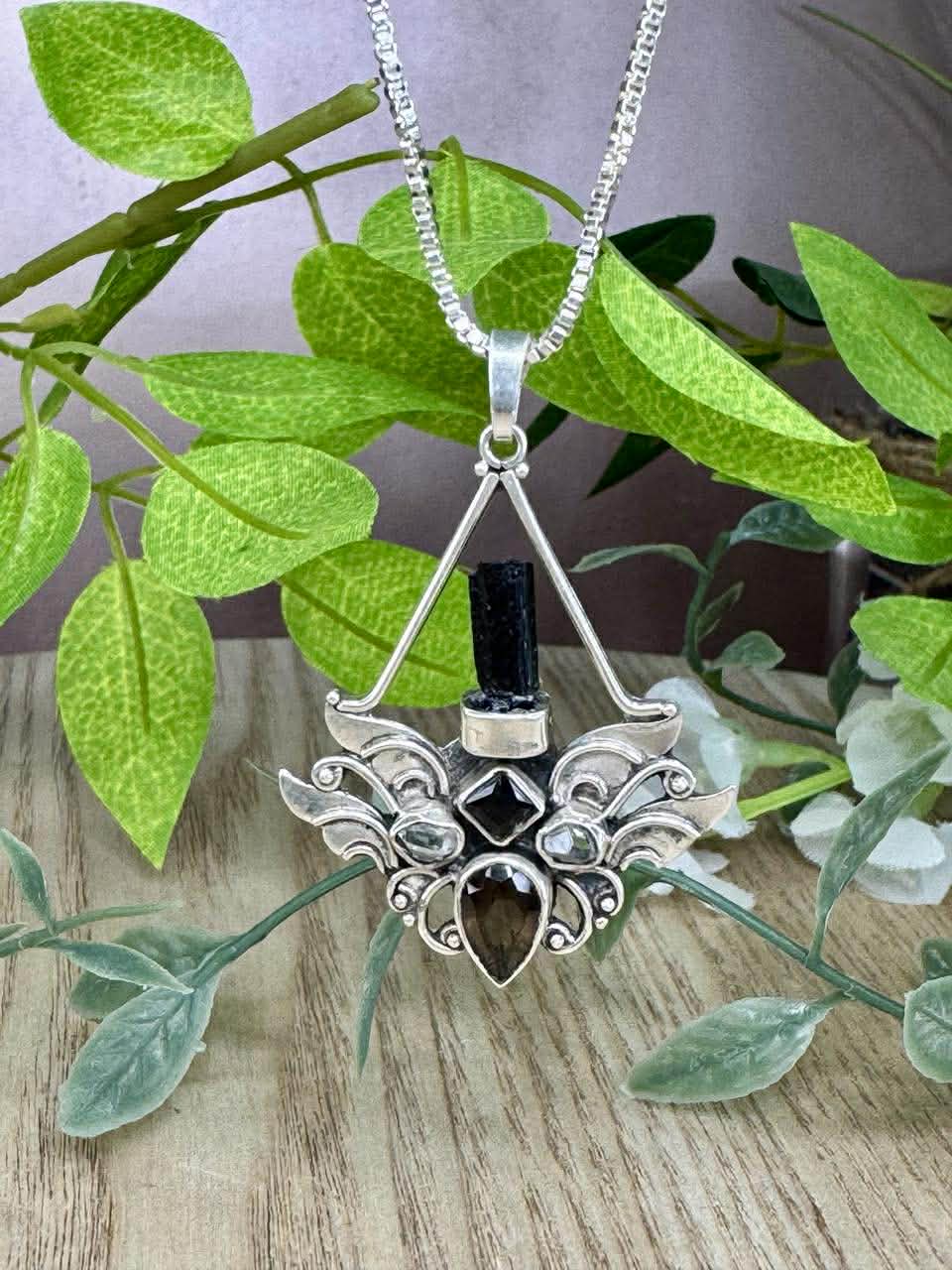 Herkimer Diamond, Black Tourmaline, Smoky Quartz Pendant (BTHSP1)