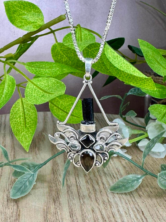 Herkimer Diamond, Black Tourmaline, Smoky Quartz Pendant (BTHSP1)