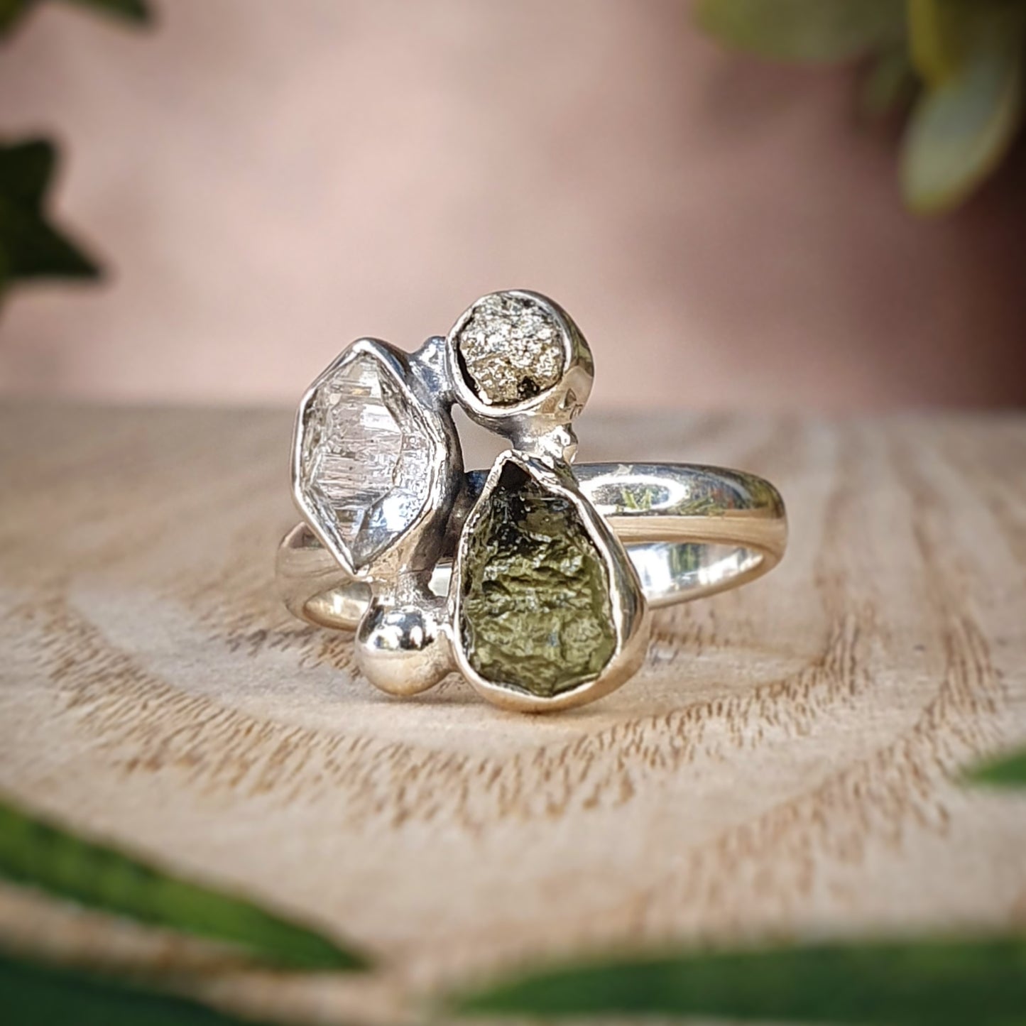 Moldavite, Pyrite, Herkimer Diamond Ring - Size 9 (MX406)