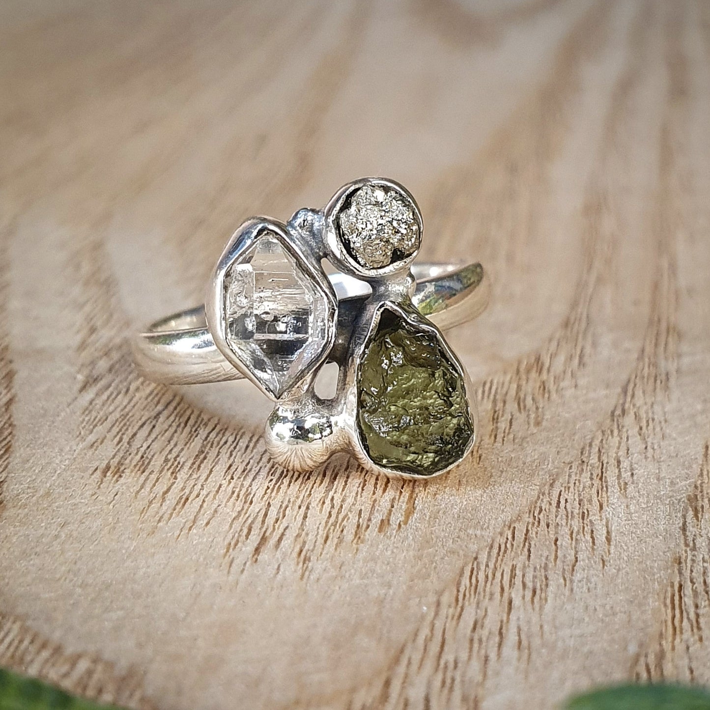 Moldavite, Pyrite, Herkimer Diamond Ring - Size 9 (MX406)