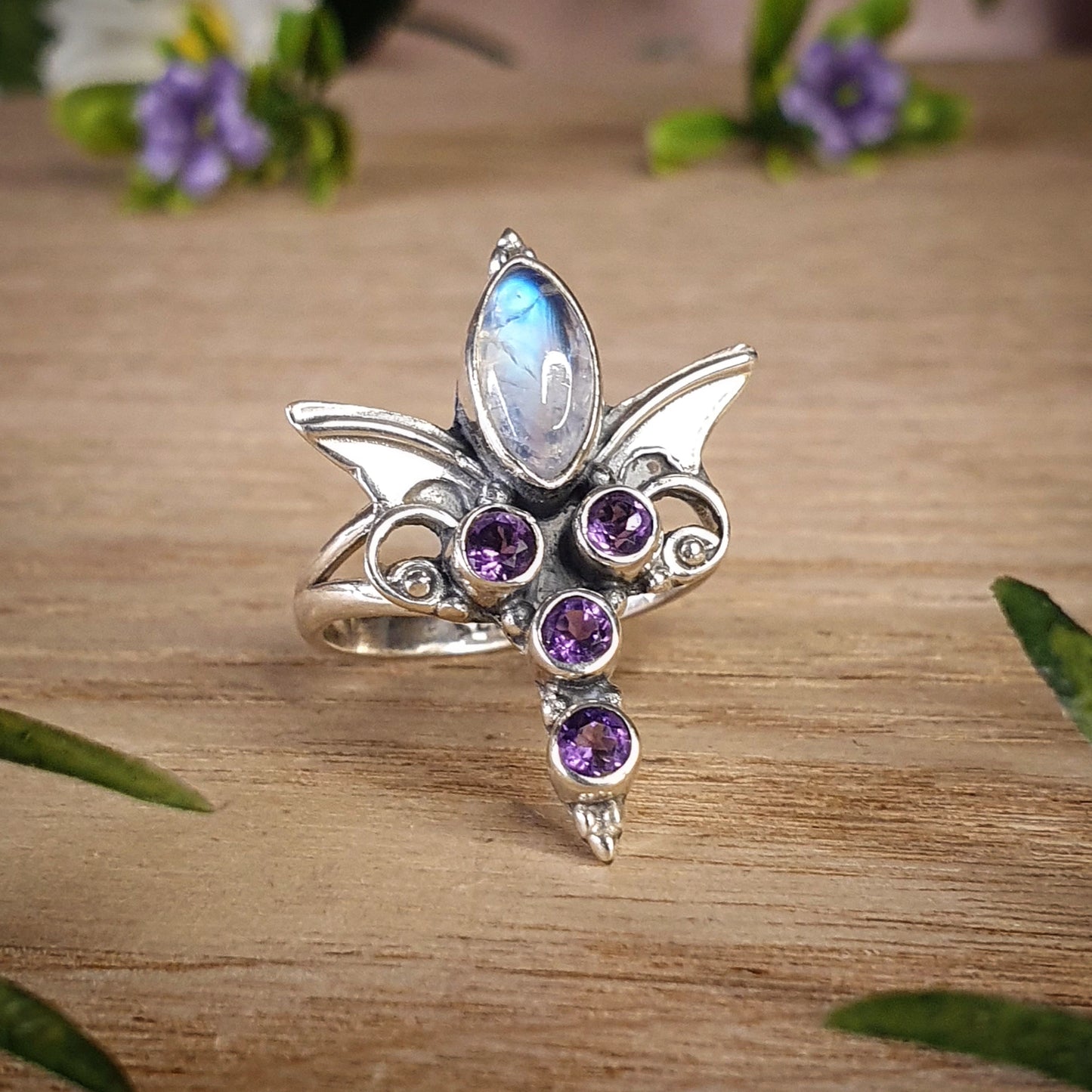 Moonstone, Amethyst Ring - 8 (mx707)