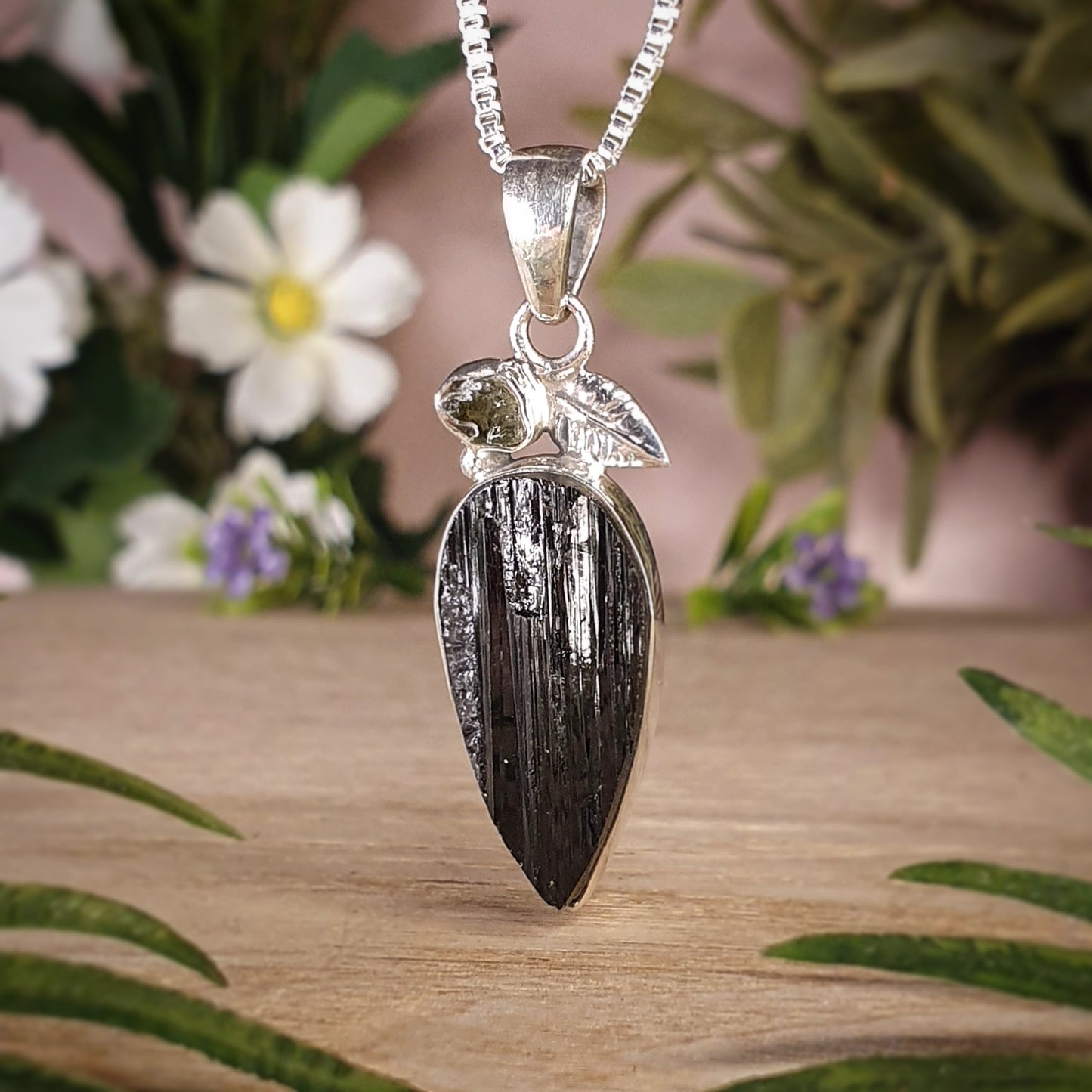 Moldavite, Black Tourmaline Pendant (mx718)