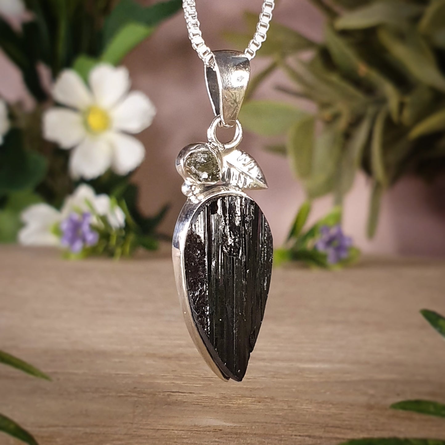 Moldavite, Black Tourmaline Pendant (mx718)