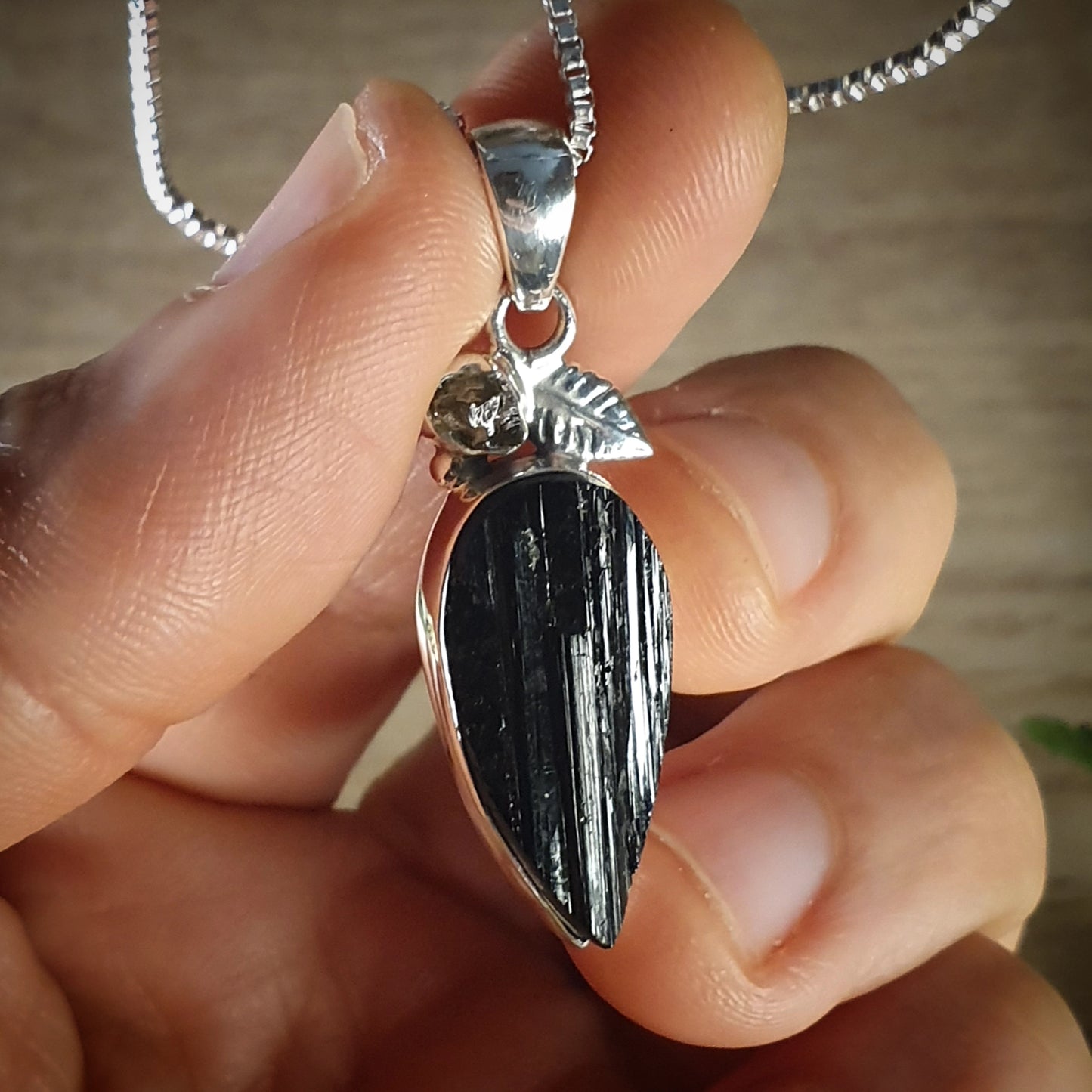 Moldavite, Black Tourmaline Pendant (mx718)