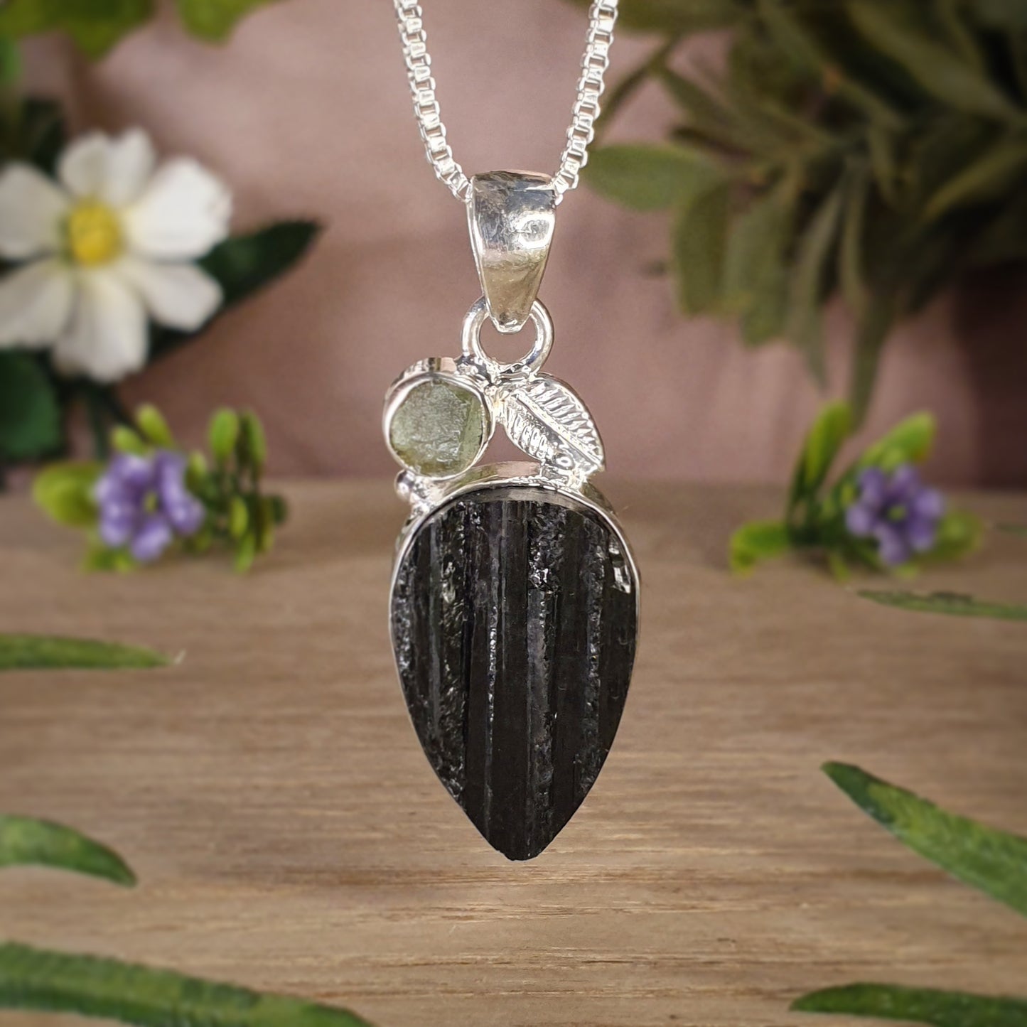 Moldavite, Black Tourmaline Pendant (mx800)