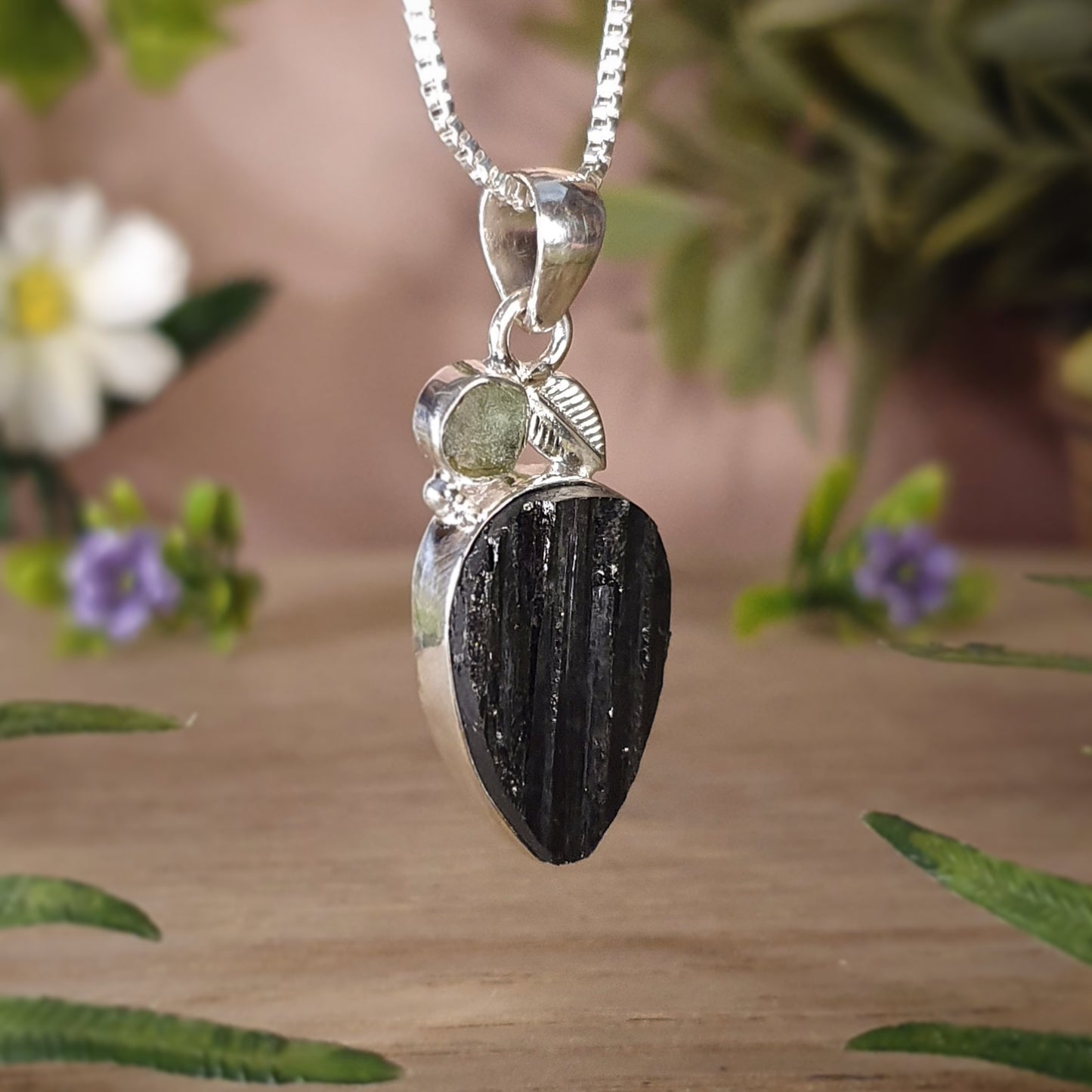 Moldavite, Black Tourmaline Pendant (mx800)