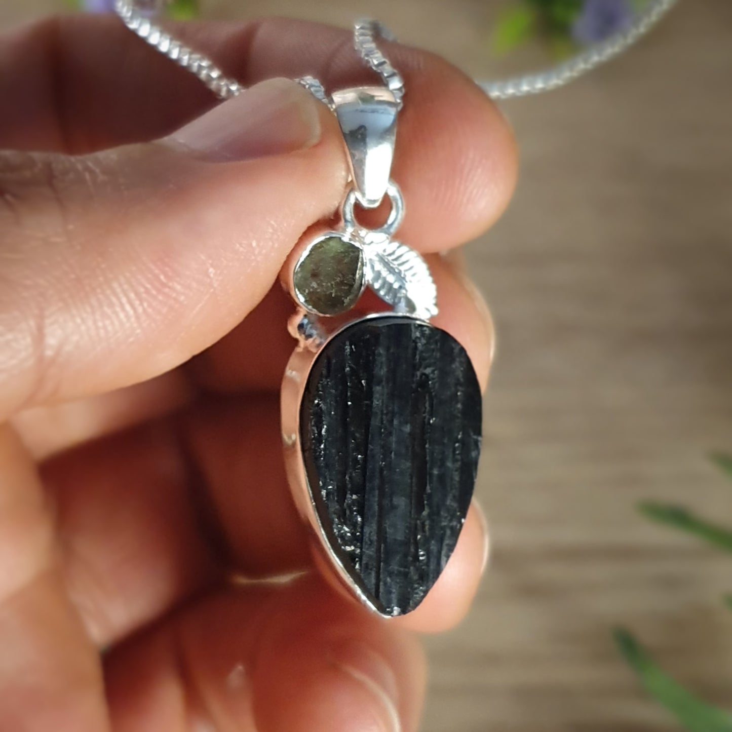 Moldavite, Black Tourmaline Pendant (mx800)