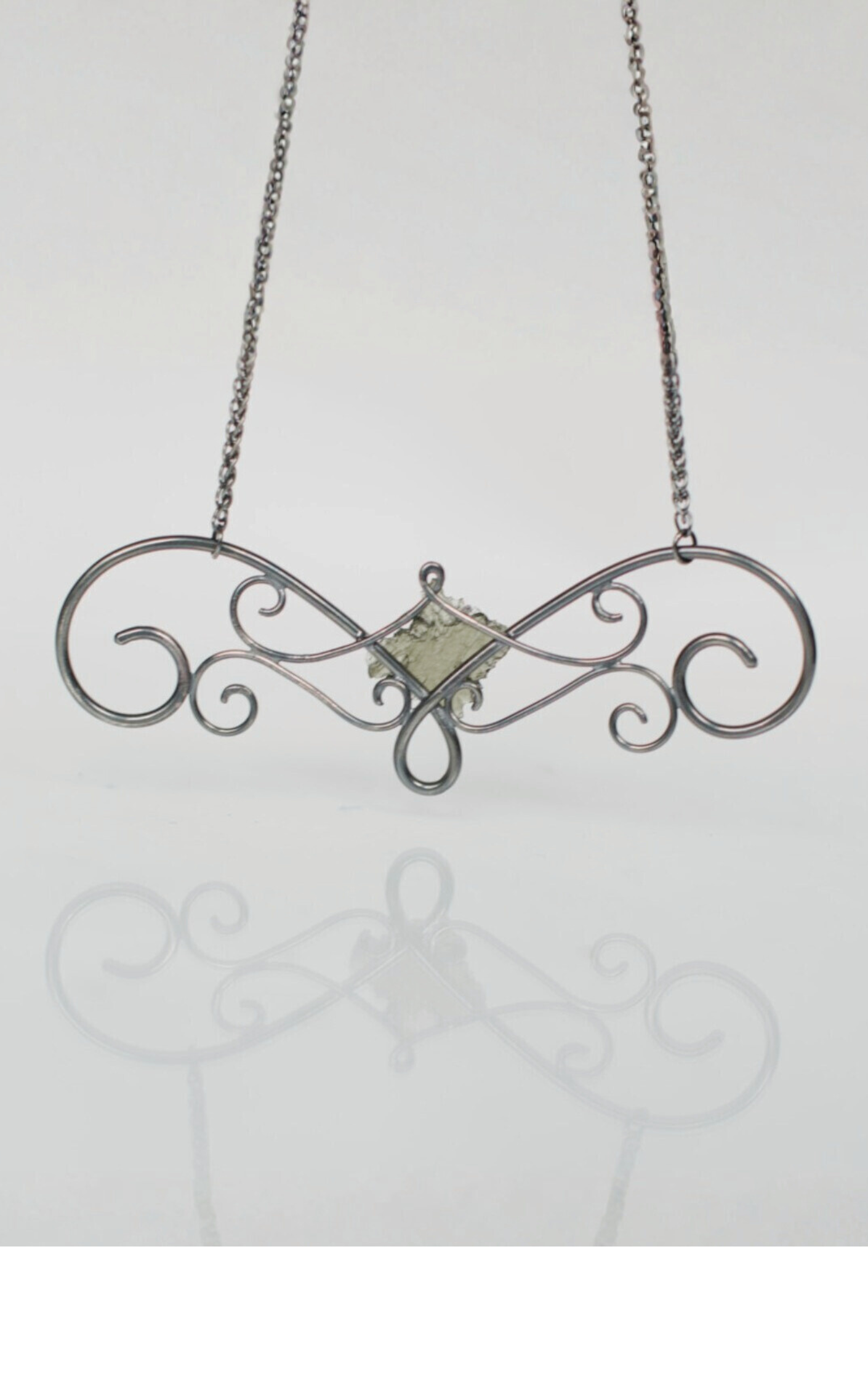 Moldavite in Oxidized Swirly Black Silver Necklace