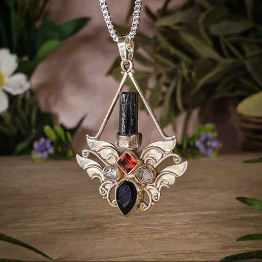 Herkimer, Tourmaline, Garnet, Obsidian Pendant (mx850)